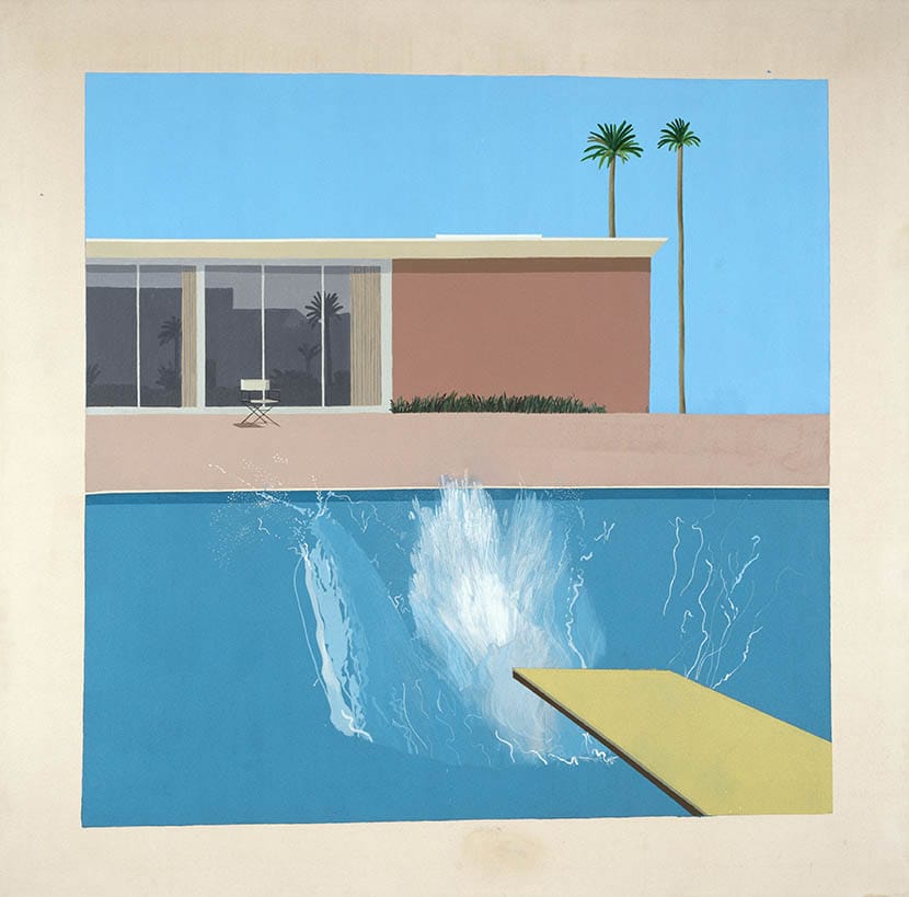 Painting of a splash in a pool beside a modern house with glass doors and two palm trees against a clear blue sky.