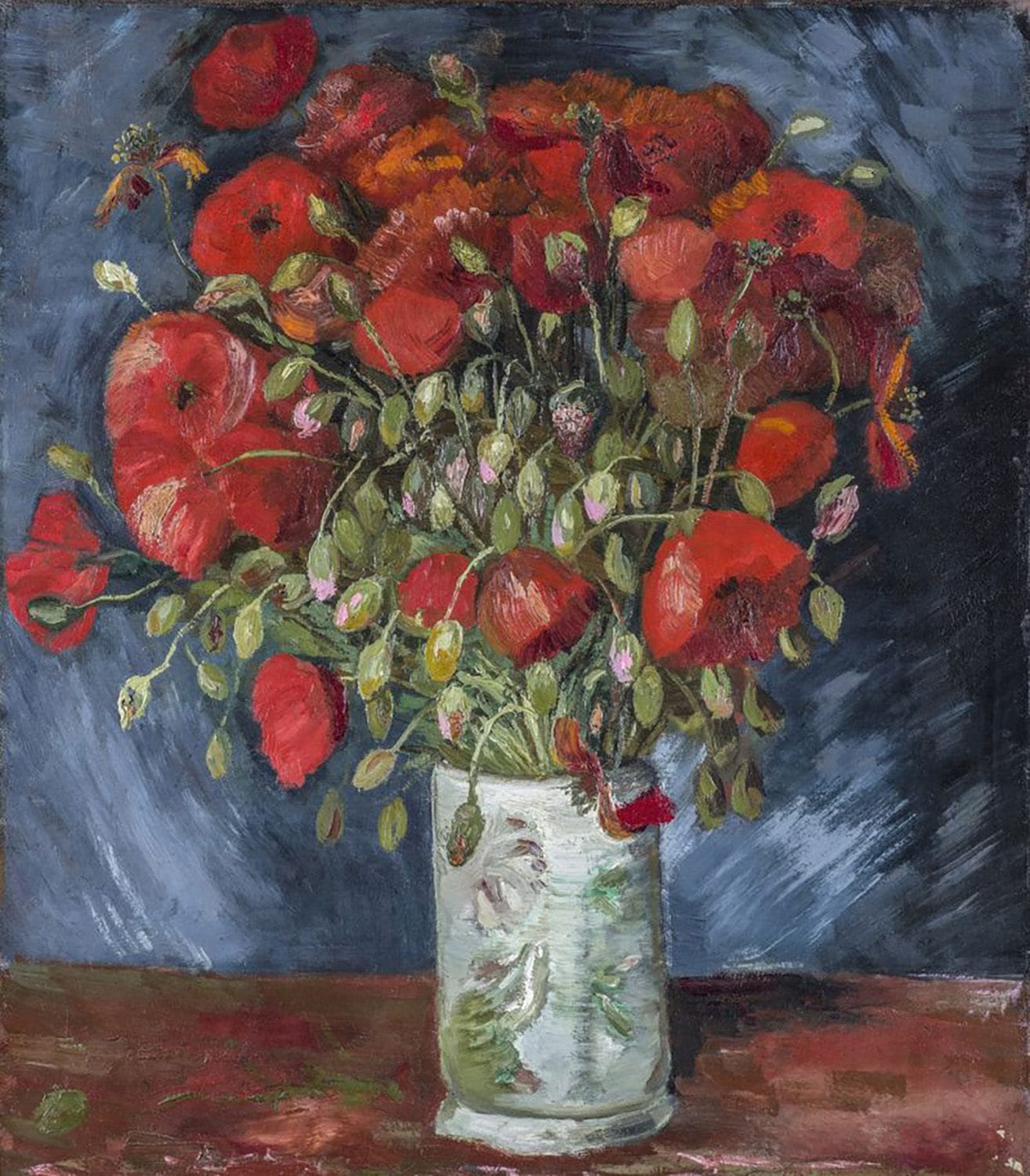 Painting of a bouquet of red poppies in a vase against a dark blue background.