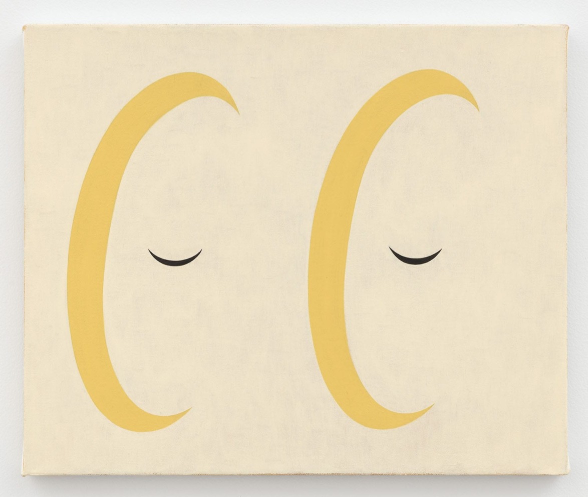 Abstract painting of two side-by-side crescent shapes with curved lines resembling closed eyes on a beige background.