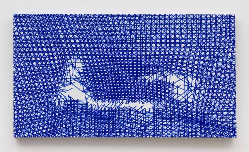 Abstract artwork of a blue silhouette of a dog composed of intersecting lines and dots on a white background.