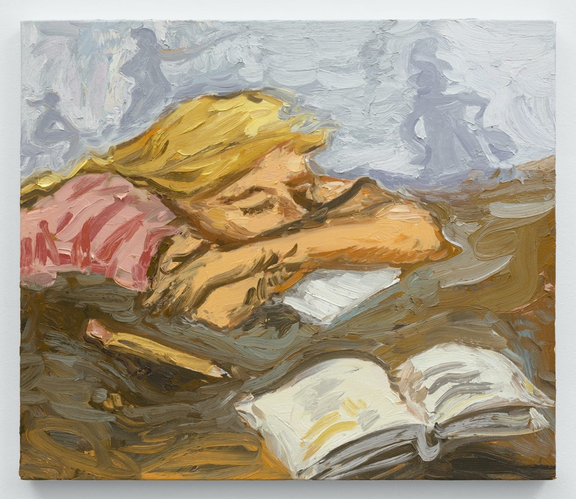 Impressionistic painting of a person with blonde hair sleeping on a desk with an open book nearby.