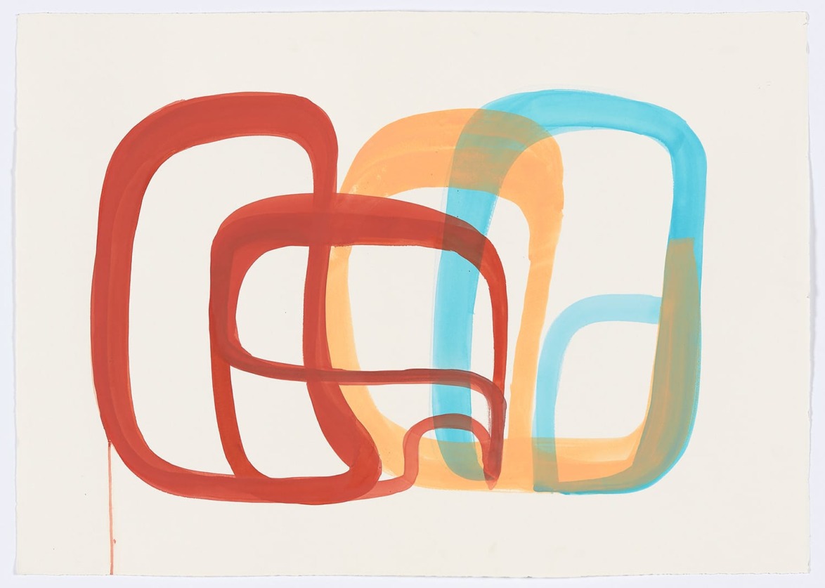 Abstract painting with overlapping red, orange, and blue curved shapes on a light background.
