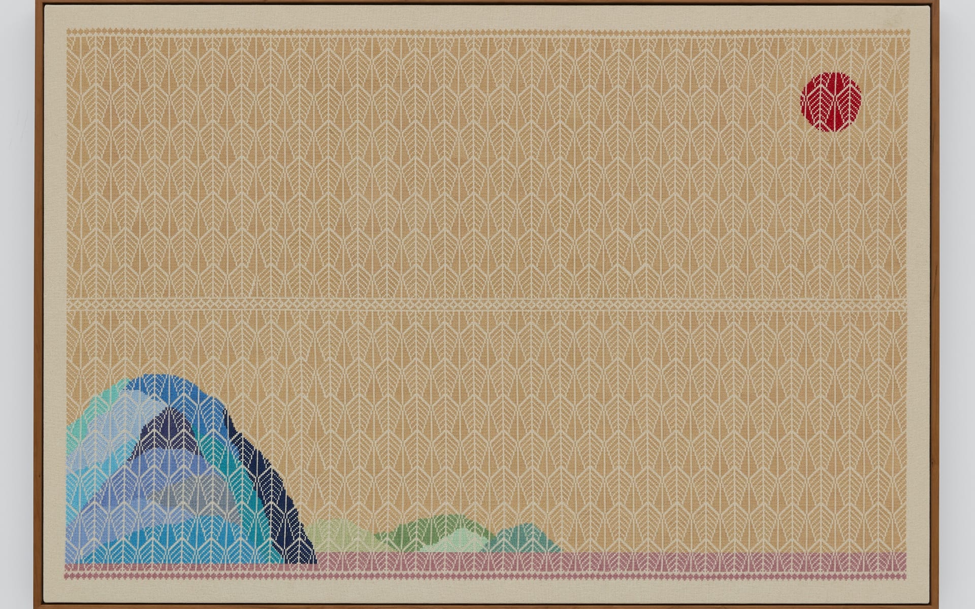 Abstract artwork with intricate patterns, featuring a vibrant sun in the top right and a colorful landscape on the left.