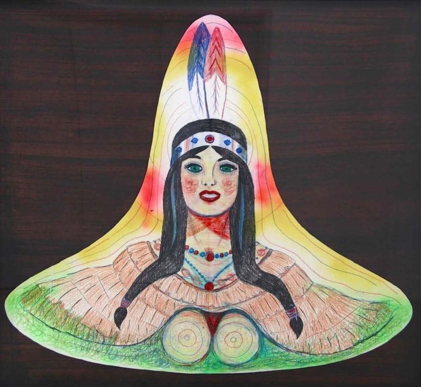 Colorful drawing of a person with feathered headdress and detailed beadwork on a dark background.