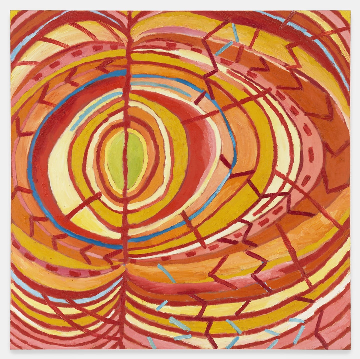 Colorful abstract painting with concentric circles and vibrant, earth-toned patterns radiating from the center.