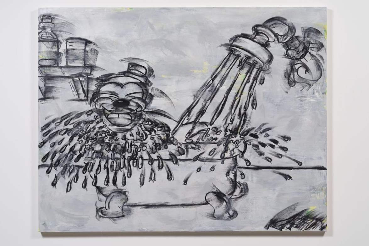Abstract black and white painting depicting a figure in a bathtub with dripping water and whimsical elements.