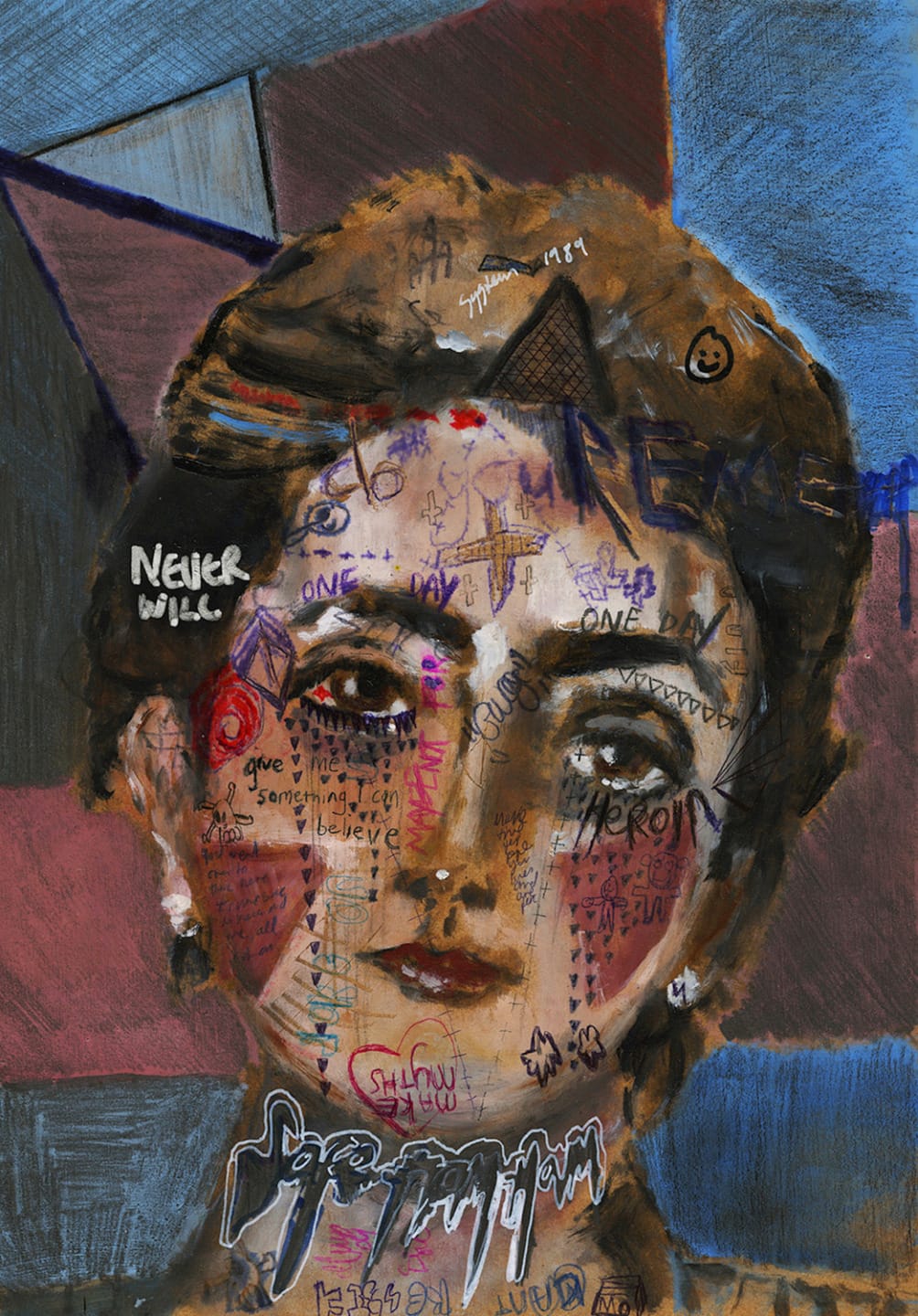 Portrait of a woman with artistic graffiti and doodles over her face in vivid, abstract background.