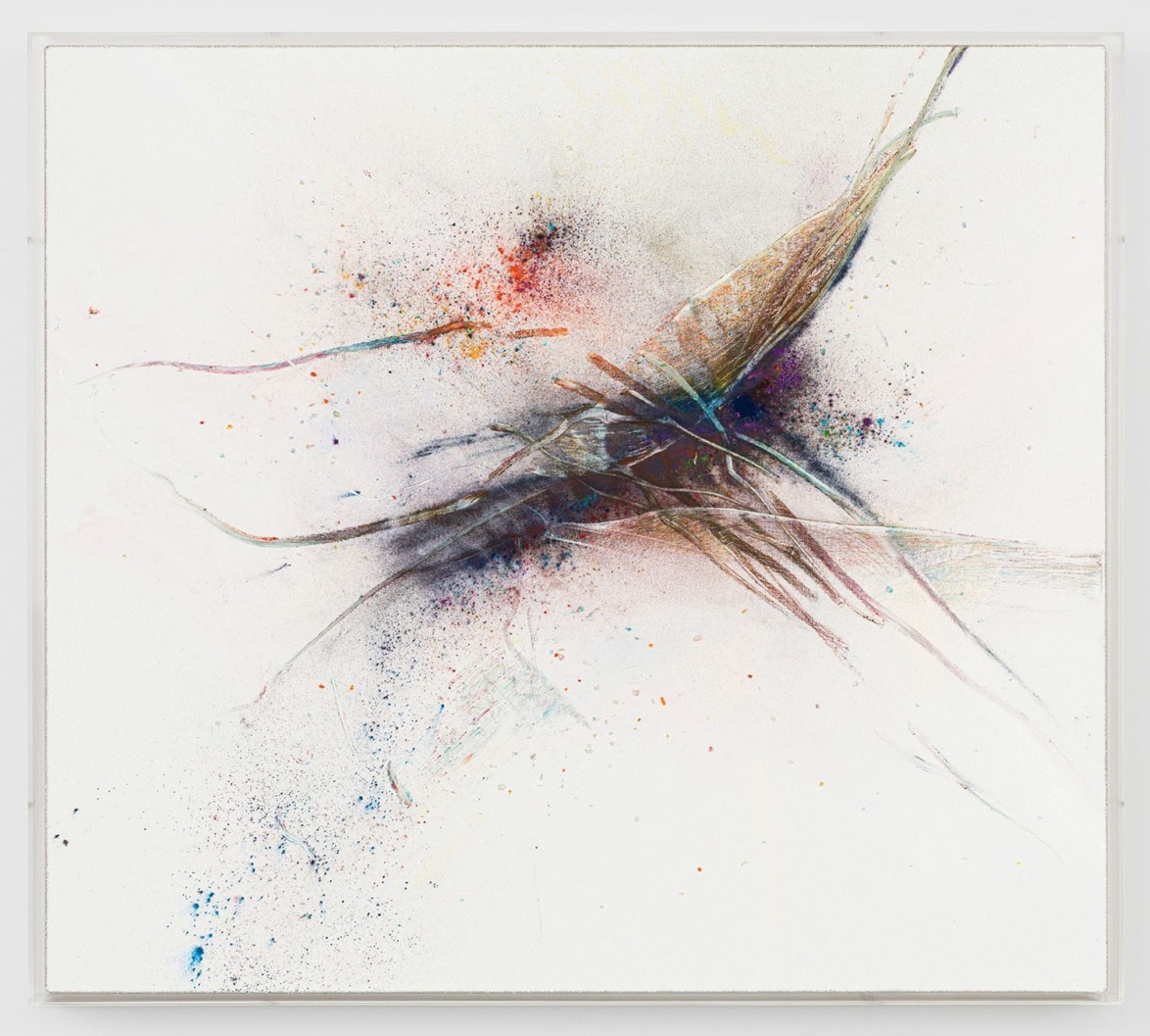 Abstract artwork with dynamic lines and splashes of color against a white background, creating a sense of movement and energy.
