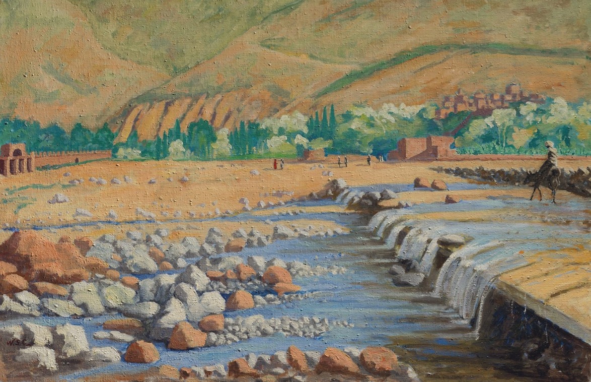Impressionist landscape painting of a river with rocks, distant hills, and small human figures under a soft sky.