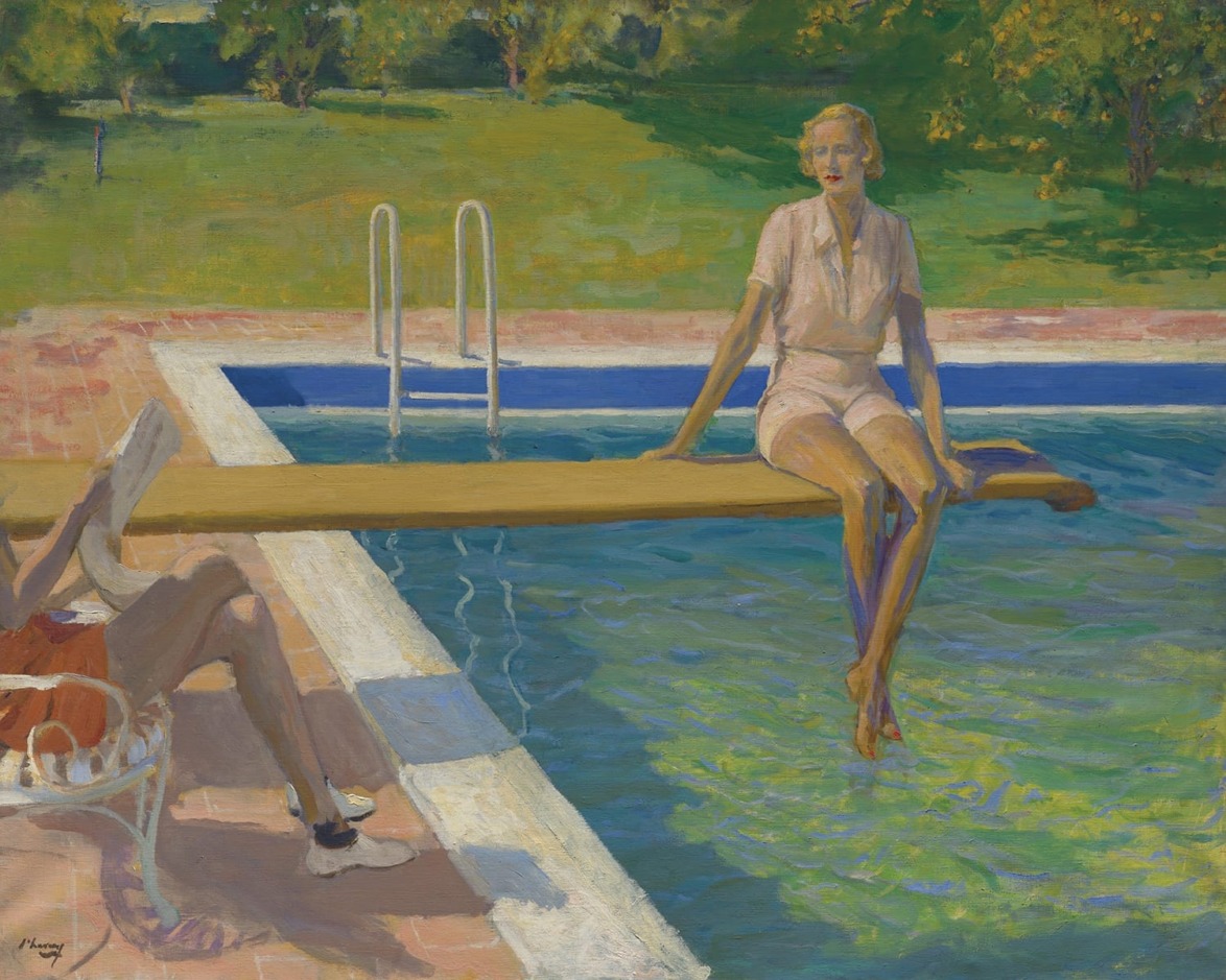Two people at a pool: one sitting on a diving board, the other seated nearby with a book, surrounded by greenery.