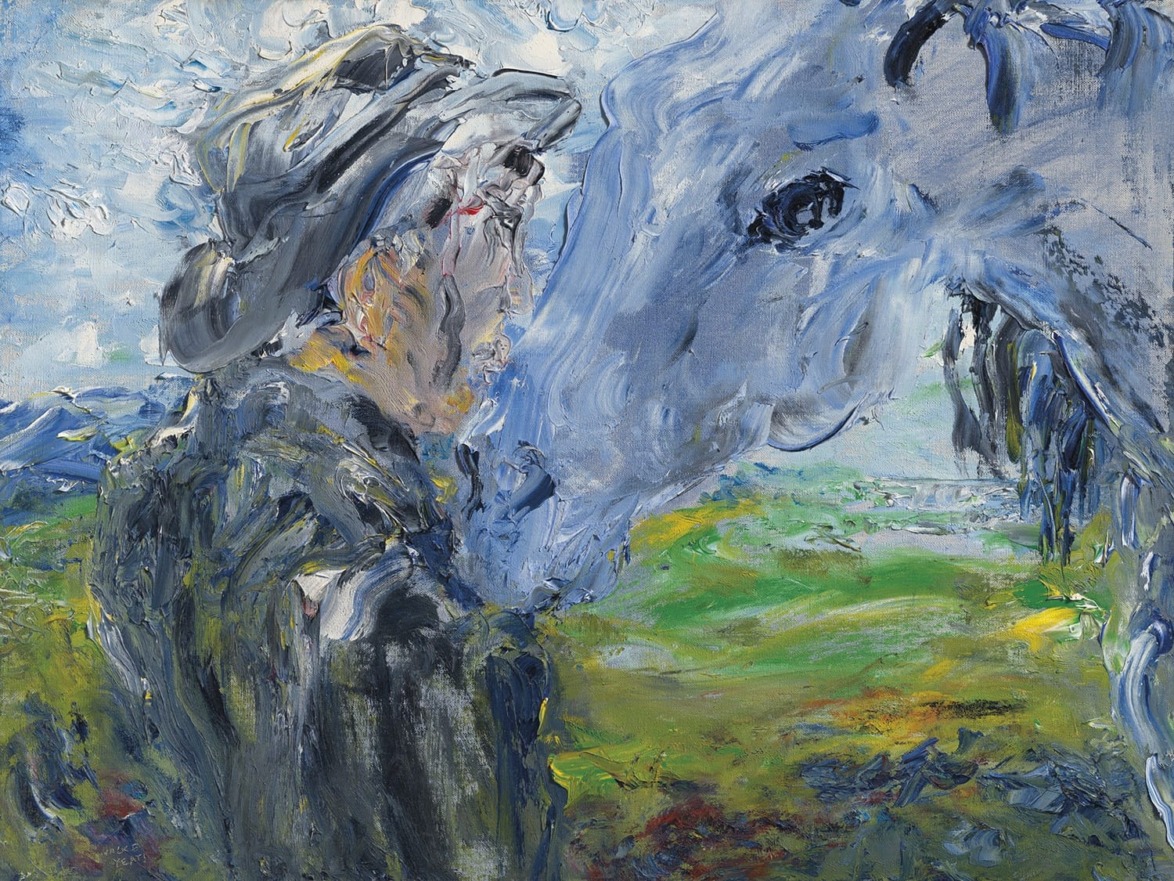 Abstract painting of a person and horse in blue and green tones, conveying motion and emotion through bold brushstrokes.