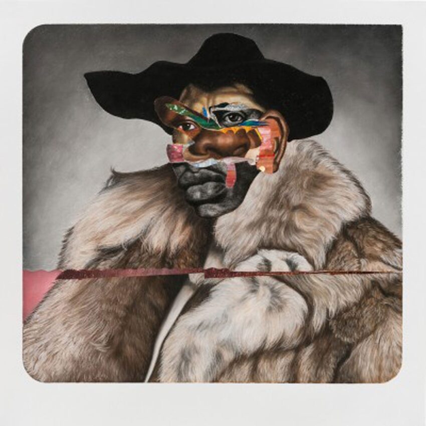 Abstract artwork of a person wearing a large hat and a fur coat, featuring a colorful, fragmented face.