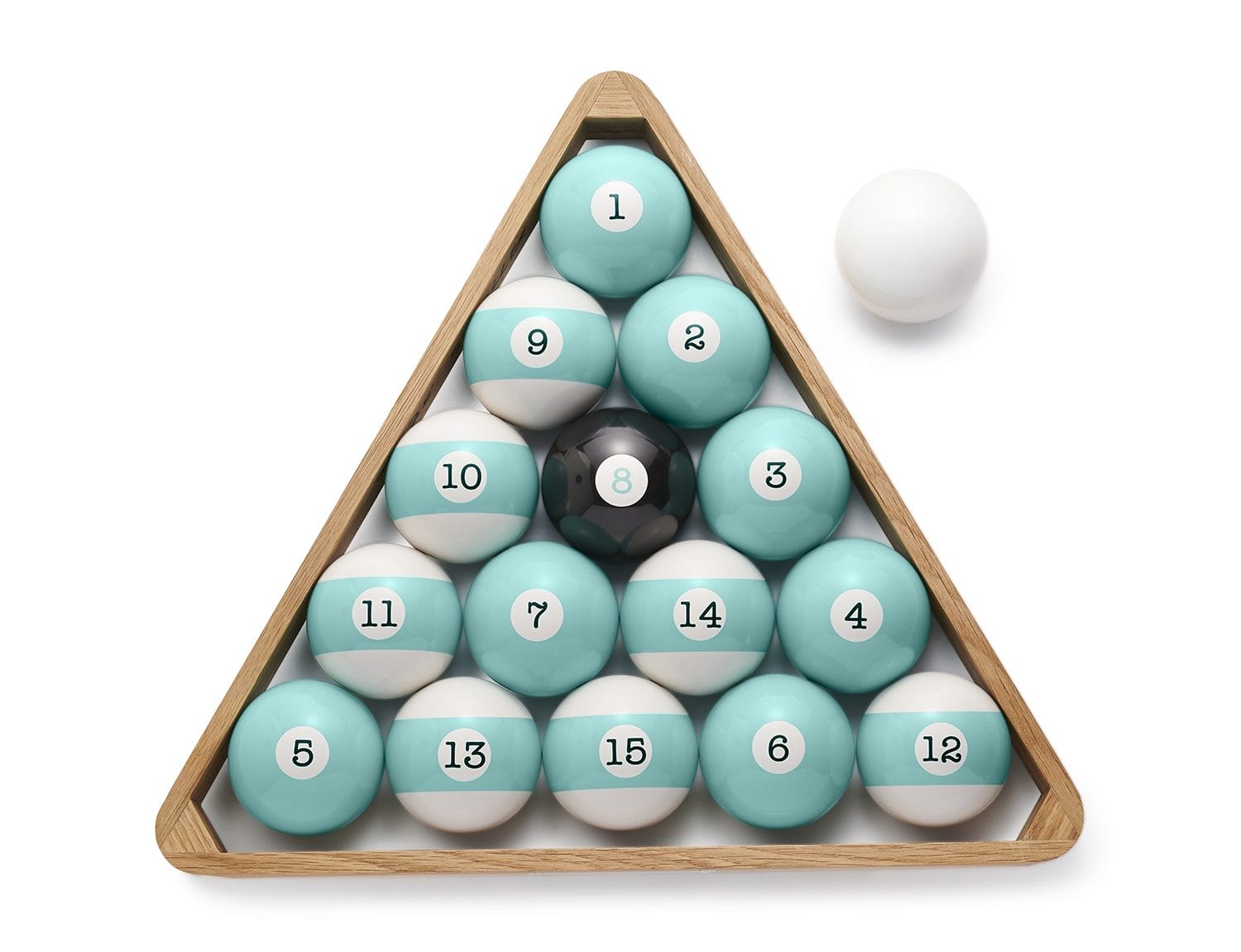 Triangle wooden rack filled with turquoise and white billiard balls, numbers visible, black ball in center, white ball outside.
