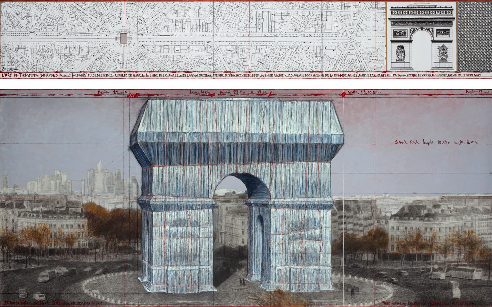Artistic illustration of the Arc de Triomphe in Paris wrapped in fabric with city map and sketches above.