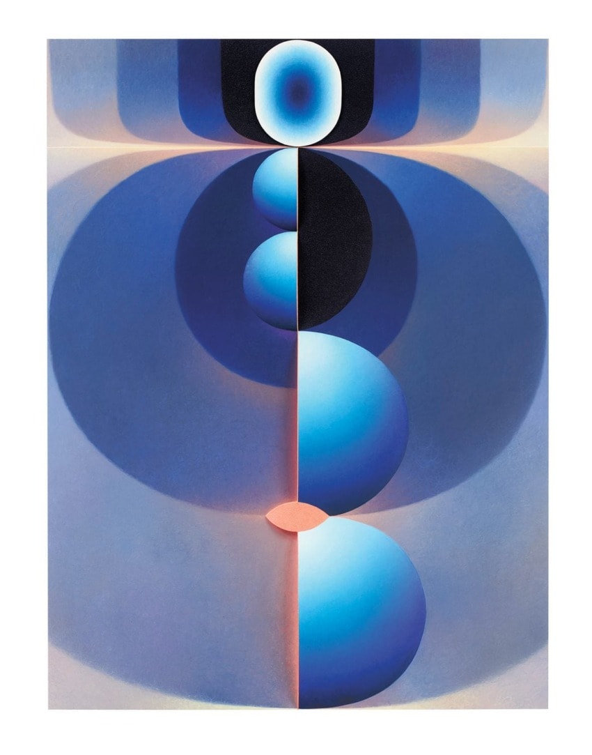 Abstract artwork with a series of blue and black circular shapes creating a vertical pattern on a light background.