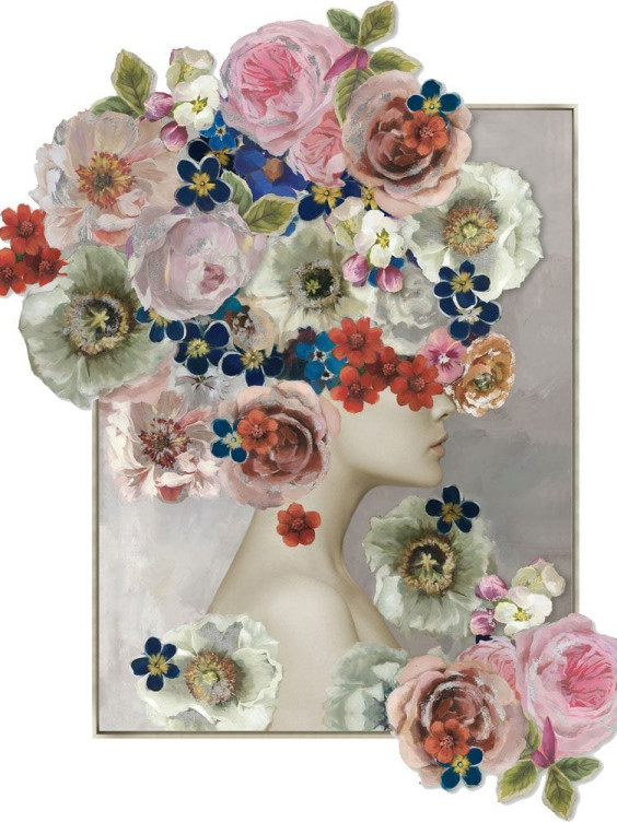 Artistic collage of a woman's profile with colorful flowers adorning her hair, blending nature and portrait.
