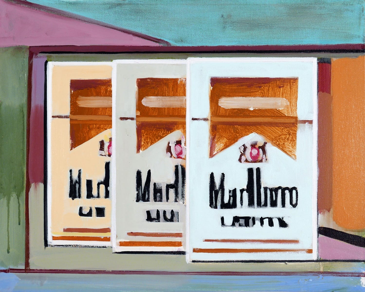 Abstract painting featuring three Marlboro cigarette packs in a colorful, artistic arrangement with geometric shapes.