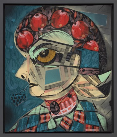 Abstract portrait of a person with a bird, geometric patterns, and vibrant colors like red and blue.