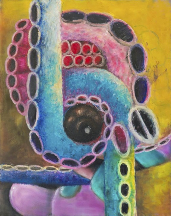 Abstract painting with colorful, layered, and textured shapes on a vibrant yellow background.