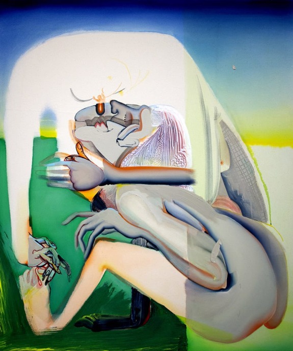 Abstract painting with intertwined human figures and vibrant colors, blending surreal elements and fluid shapes.
