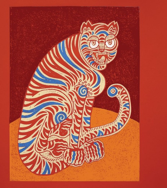 Vibrant abstract painting of a tiger with bold red, blue, and white stripes against a red and orange background.