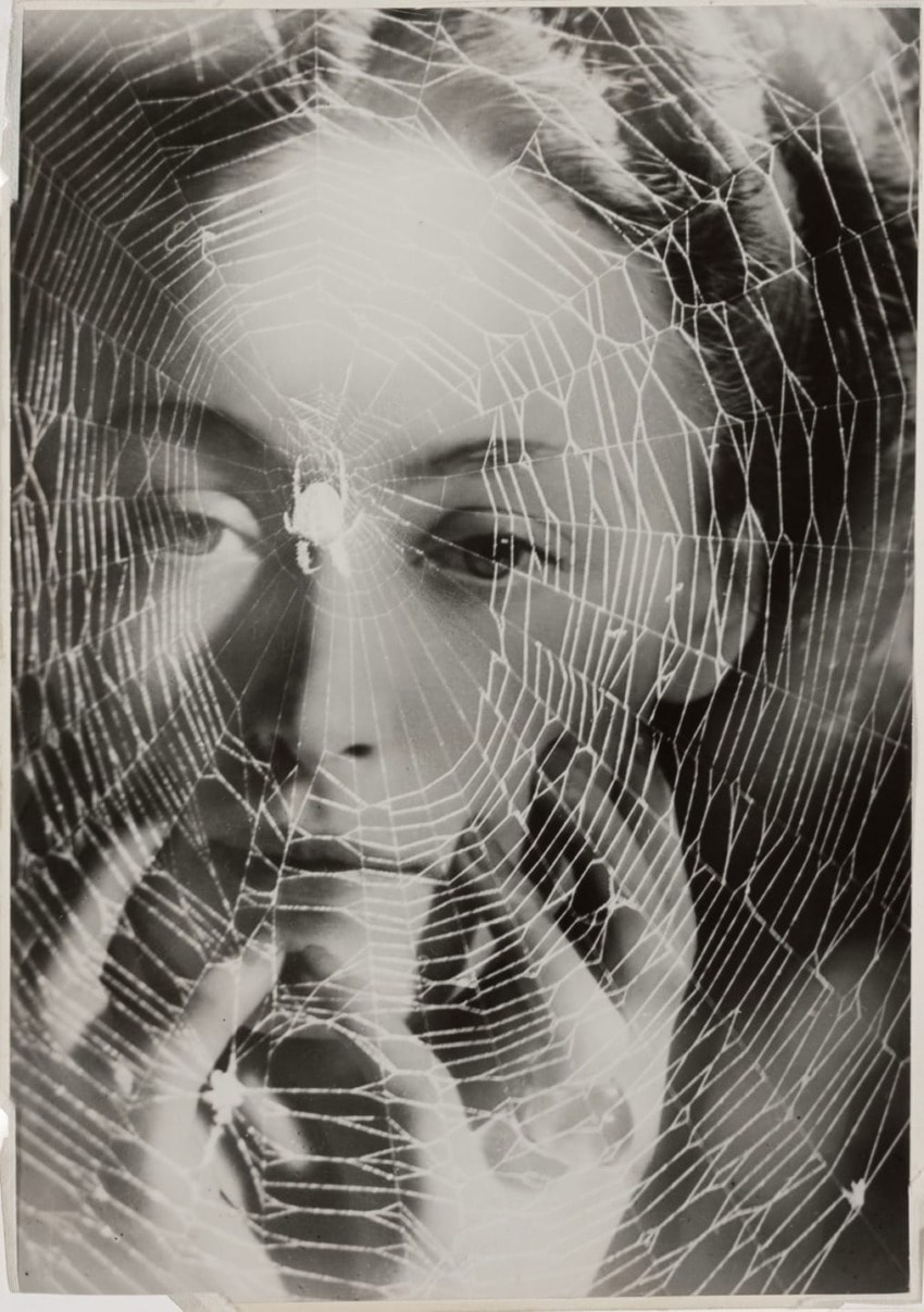 Woman's face obscured by a spider web, reflecting an artistic, vintage black and white style.