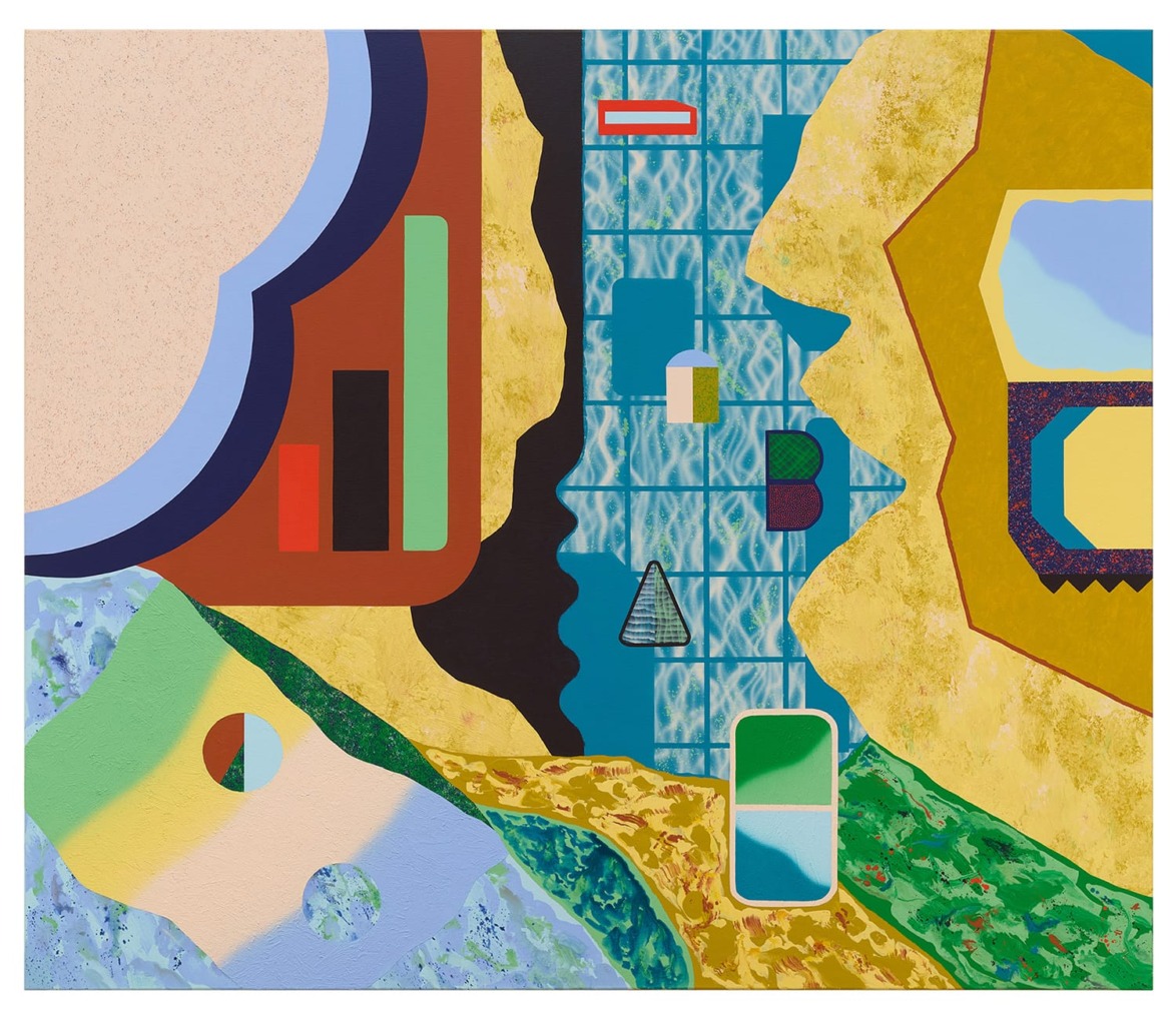 Abstract geometric artwork with vibrant shapes and colors, featuring rectangles, circles, and textured patterns.