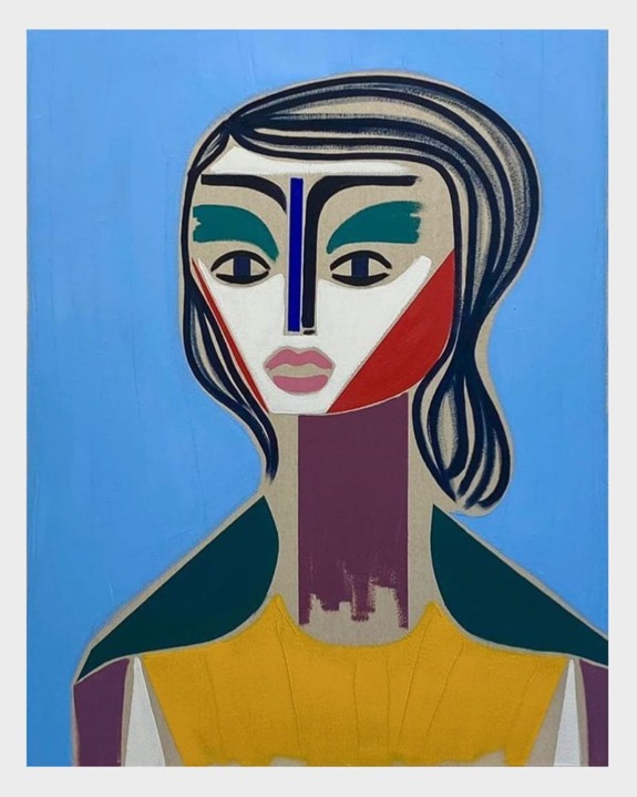 Abstract portrait of a woman with geometric features and bold colors against a blue background.