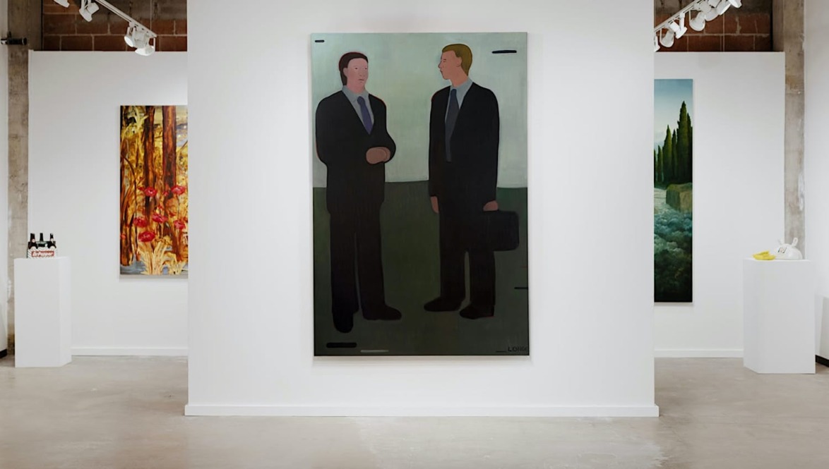art gallery with paintings on display, including a large central piece depicting two individuals in conversation