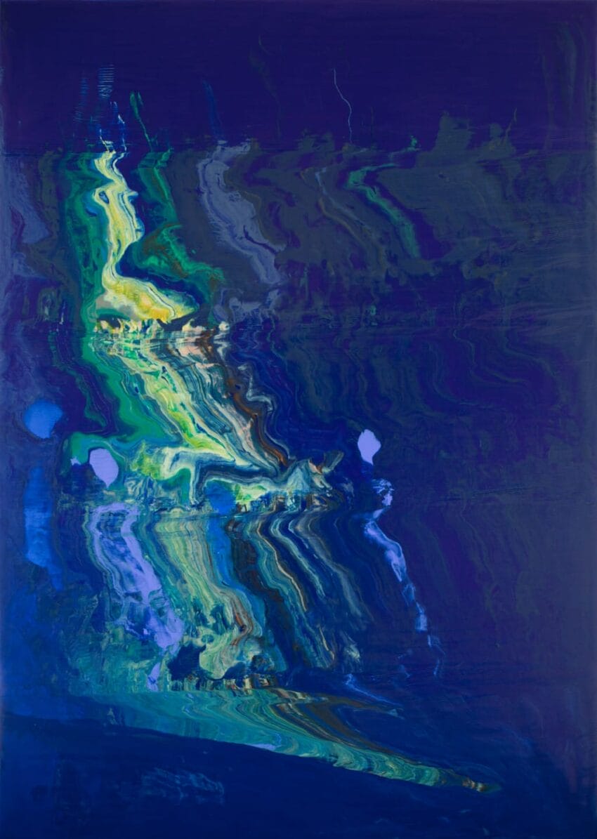 Abstract painting with swirling blue, green, and yellow patterns creating dynamic movement against a dark background.