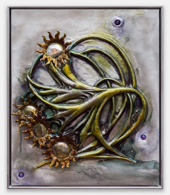 Abstract artwork with swirling green and gold forms, resembling sunflowers, set against a textured gray background.