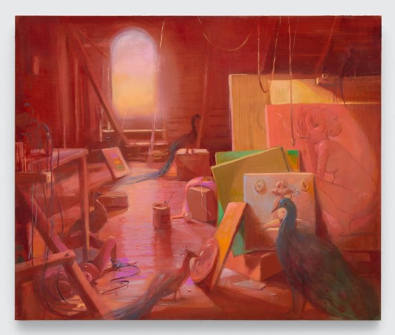 Lisa Yuskavage, Peacock Infestation in the Garret, 2024.