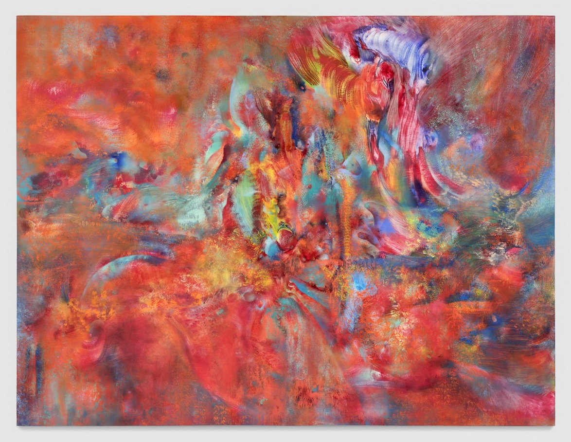 Abstract painting with vibrant reds, oranges, and blues, featuring swirling and flowing patterns and textures.