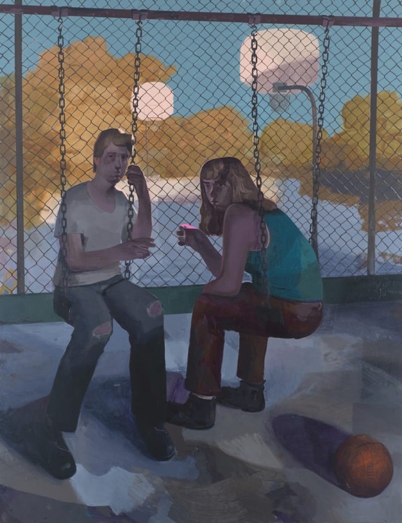 Two people sitting on swing sets under a basketball hoop, holding drinks, with a basketball on the ground nearby.