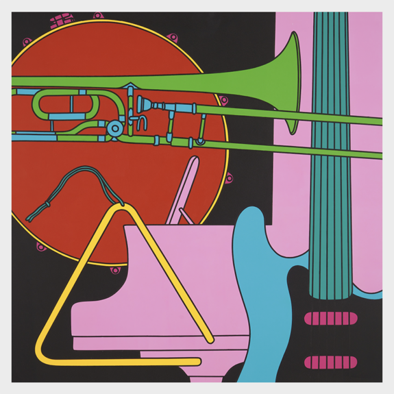 Abstract art piece featuring colorful instruments including a trombone, piano, triangle, and guitar against a vibrant background.