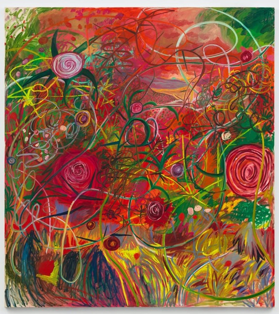 Colorful abstract painting with swirling lines and vibrant circular patterns in reds, greens, and yellows.