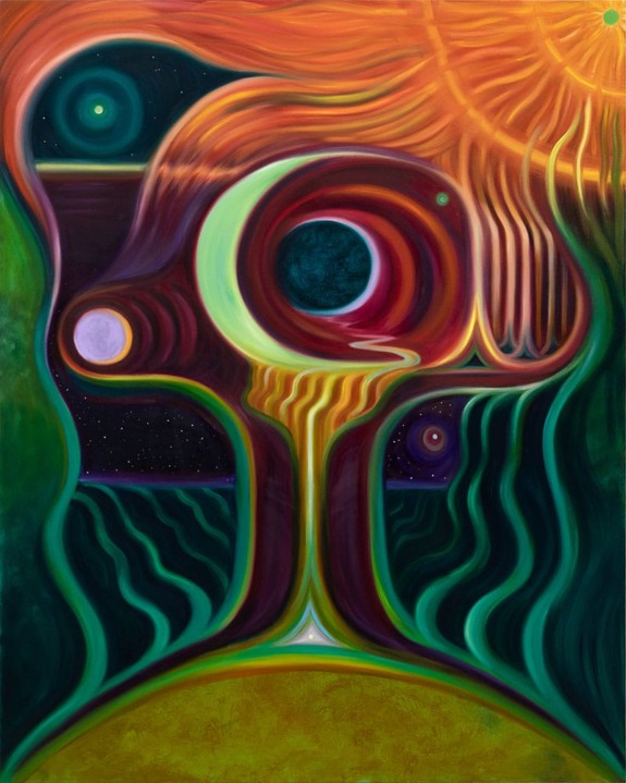 Abstract painting with vibrant colors depicting celestial and cosmic themes, including a sun, moon, and swirling patterns.