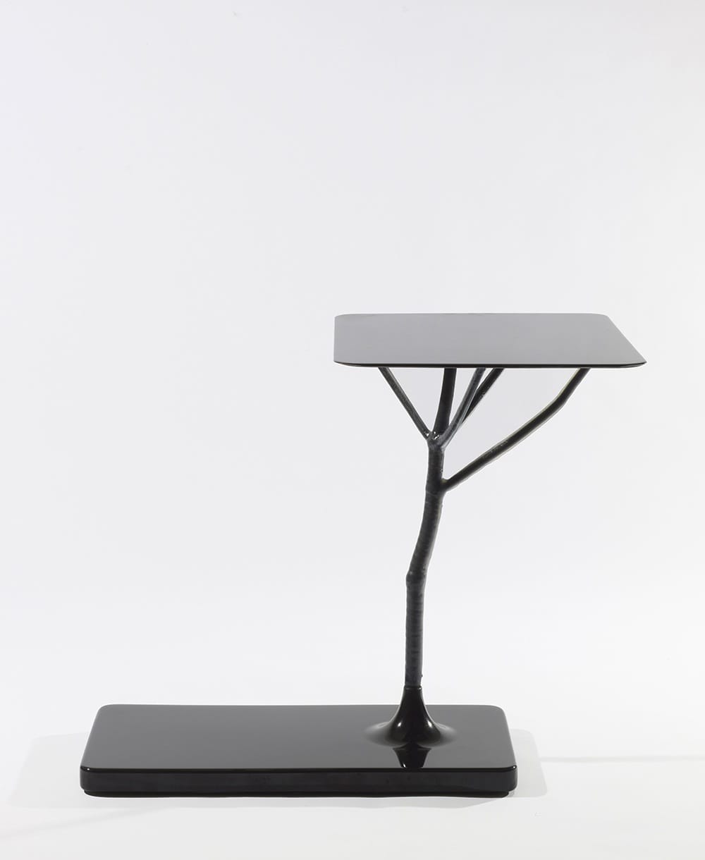 Modern black side table with a tree-branch-like base and rectangular top against a white background.