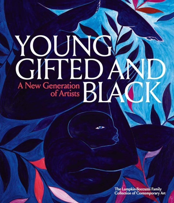 Cover of "Young Gifted and Black: A New Generation of Artists" with colorful abstract illustrations in blue and red tones.