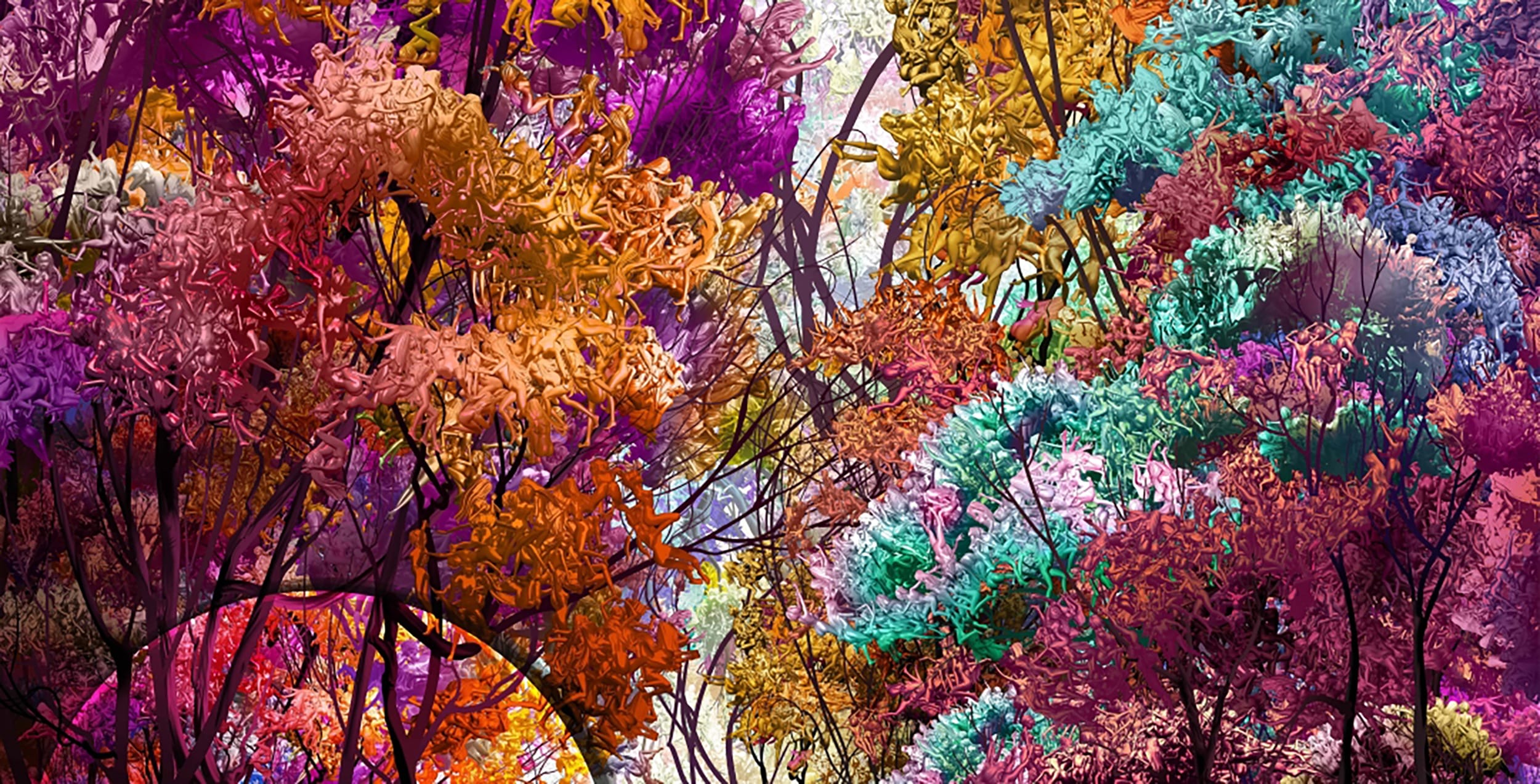 Colorful abstract forest with vibrant pink, orange, purple, and teal foliage, creating an imaginative and dreamy landscape