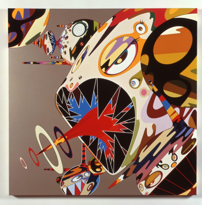 Abstract art piece featuring colorful, cartoon-like creatures with wide-open mouths and swirling patterns on a neutral background.
