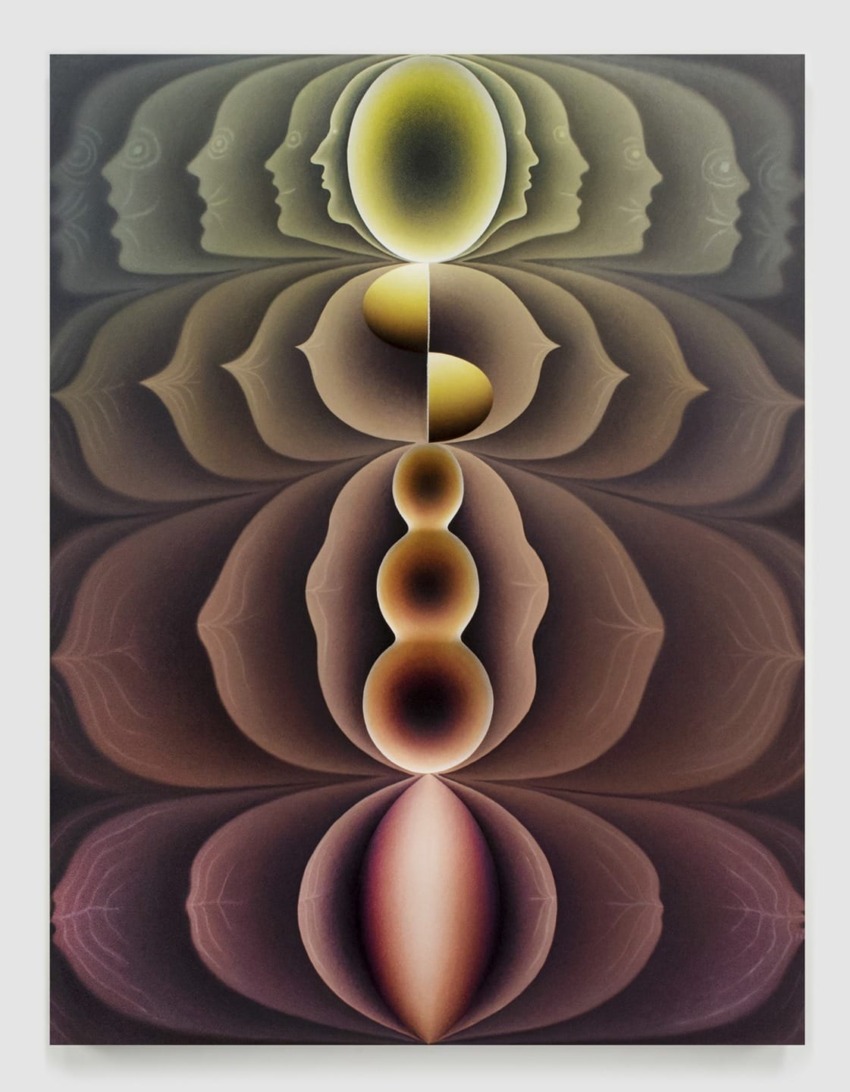 Surreal abstract artwork with symmetrical patterns and face profiles in warm earth tones and subtle light gradients.