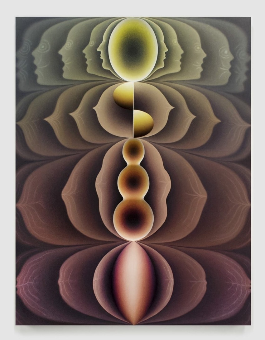Surreal abstract artwork with symmetrical patterns and face profiles in warm earth tones and subtle light gradients.