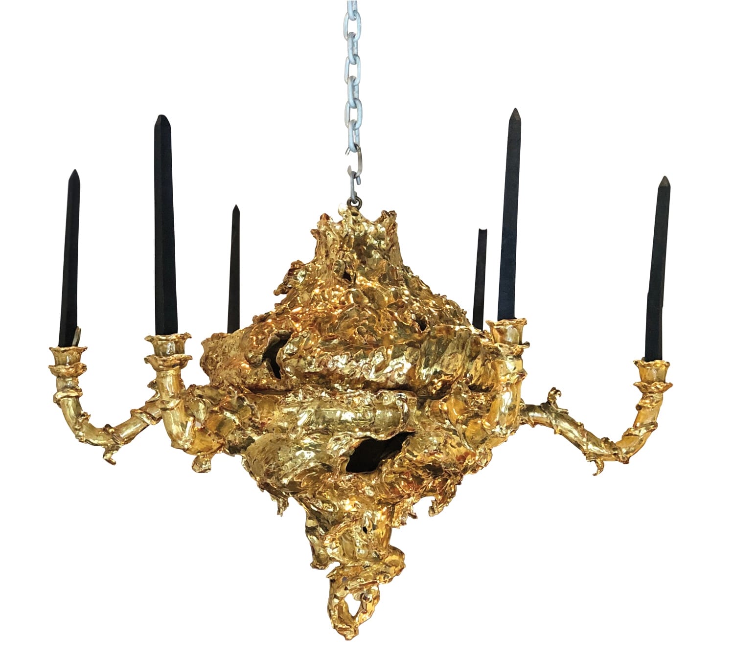 Gold textured chandelier with black candle-like light fixtures hanging from a silver chain against a white background.