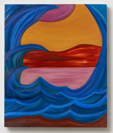 Abstract painting with blue waves, a reddish-brown landform, and a pink sky under a setting orange sun.