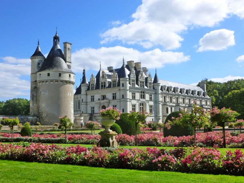 Medieval castle with towers and turrets, surrounded by a garden full of pink flowers under a blue sky with fluffy clouds.