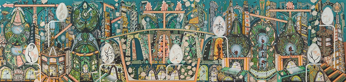 Colorful abstract mural with diverse architectural elements and intricate patterns on a blue background, featuring faces and trees.