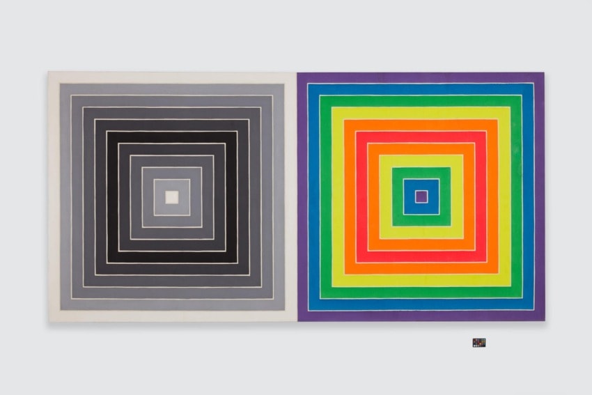Abstract art by Josef Albers showing two squares with concentric patterns, one grayscale and the other in rainbow colors.