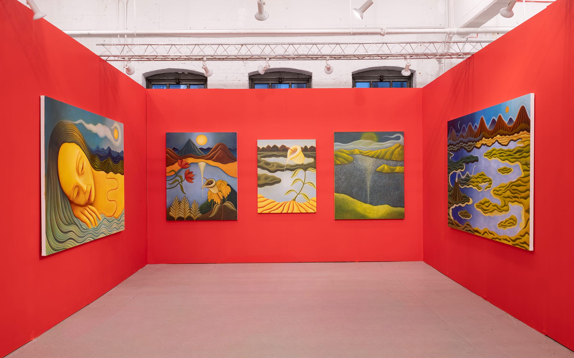 Art gallery with five colorful landscape paintings on vibrant red walls.
