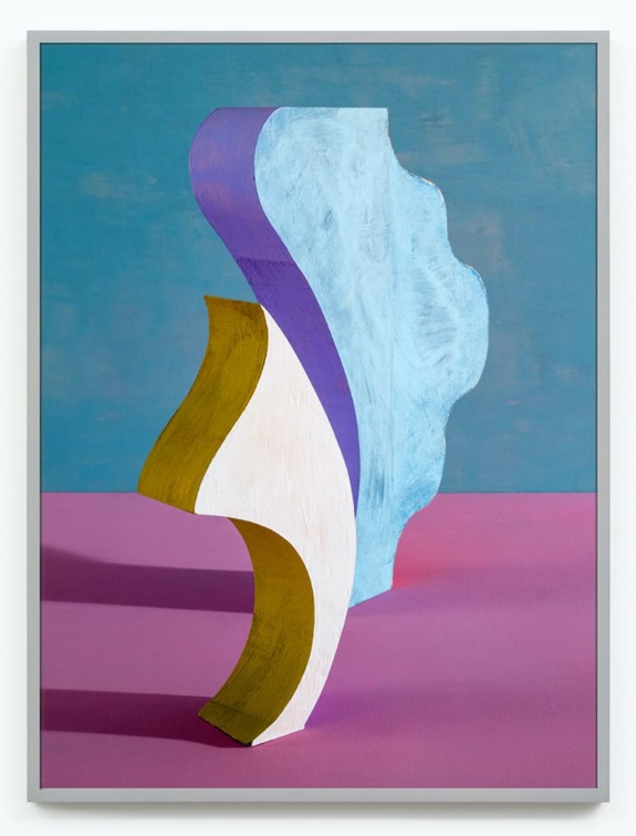 Abstract painting of a colorful, curved sculptural shape against a blue and purple background.